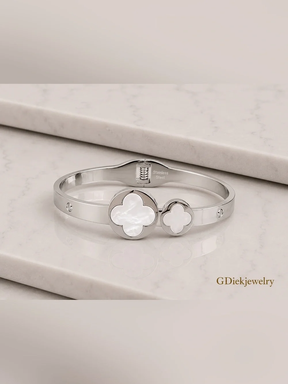 Stainless Steel Mother-of-Pearl Clover Cuff Bracelet - Silver